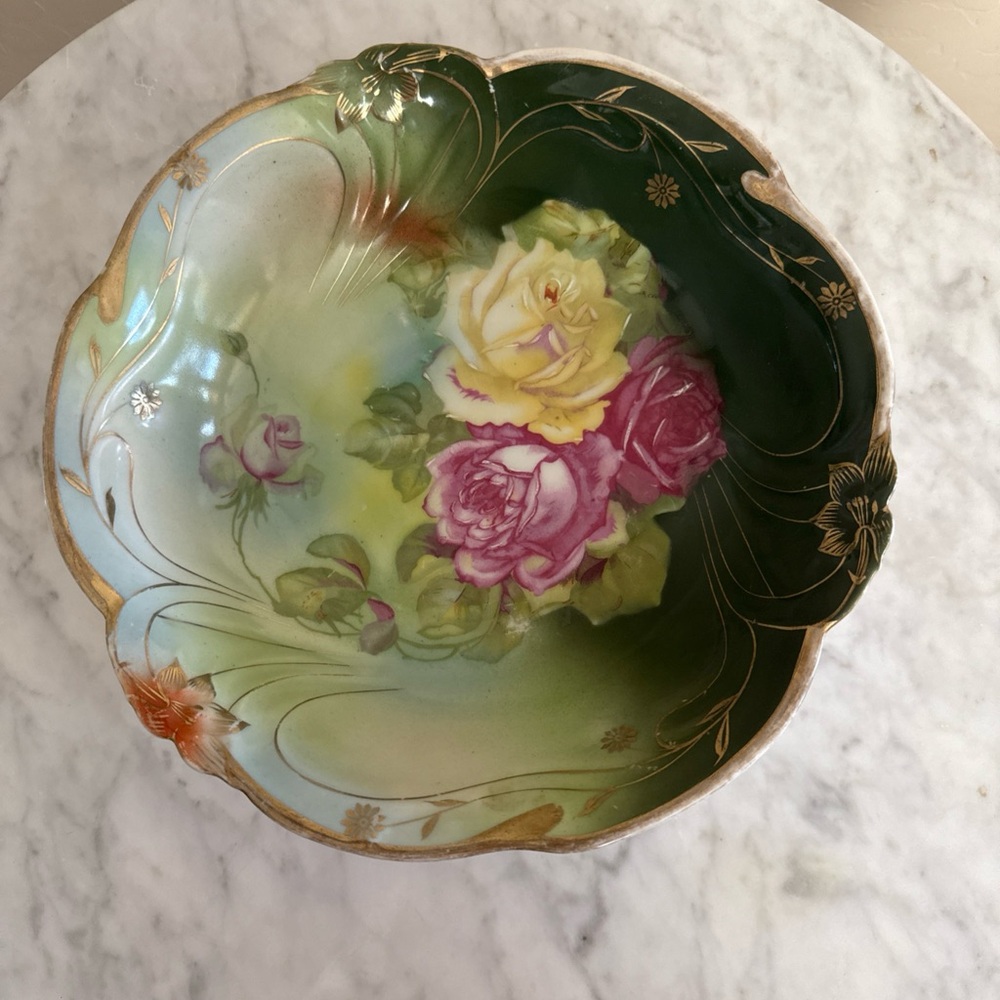 Antique German Bavaria  Dish Bowl 10" Roses Marked Scalloped Vintage Green Pink